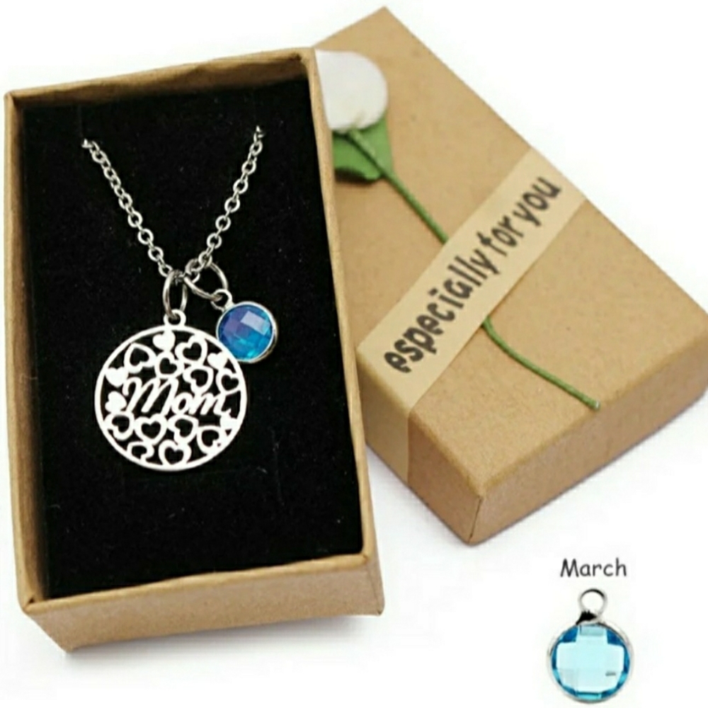 NEW Mom March Birthstone Pendant Necklace with Charm
